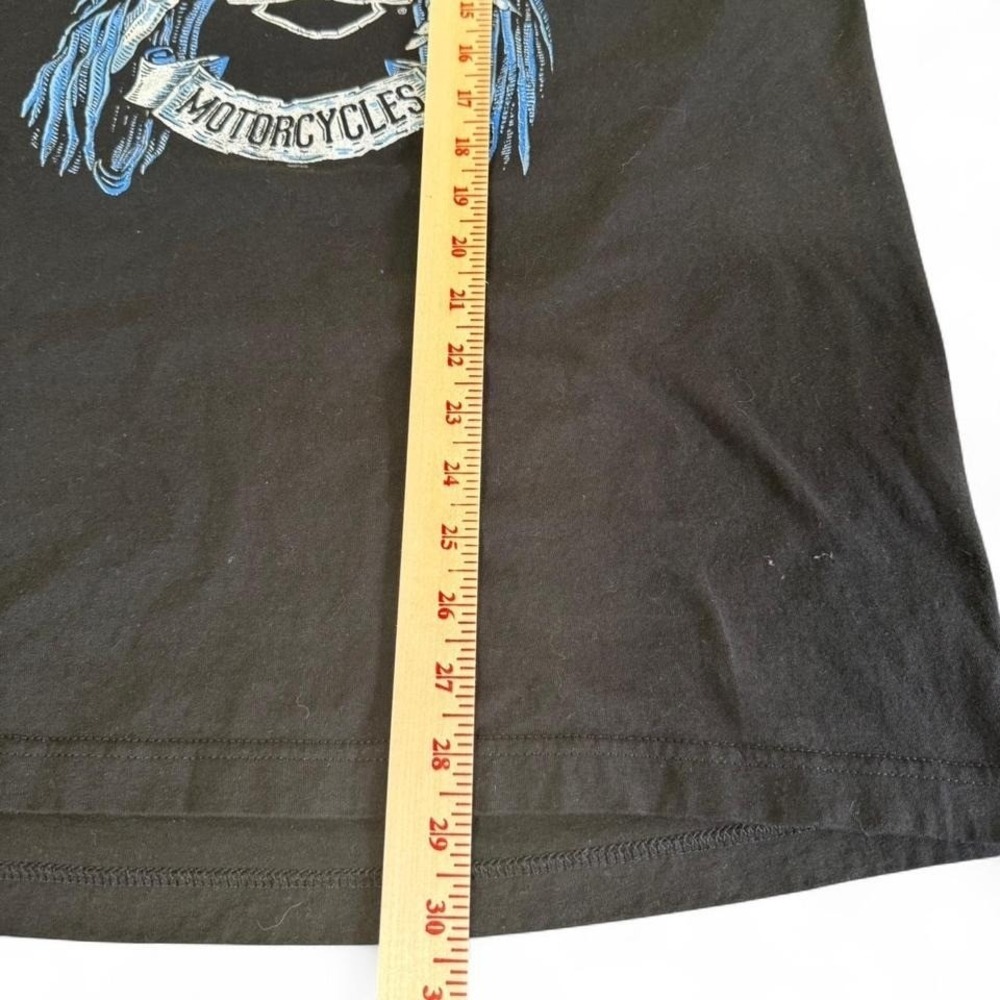 Harley Davidson black biker tee with blue skull design and American flag. - Picture 4 of 6
